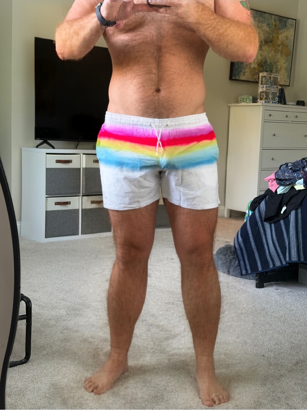 Men's Bang White Swim Trunks with Rainbow Stripe XL